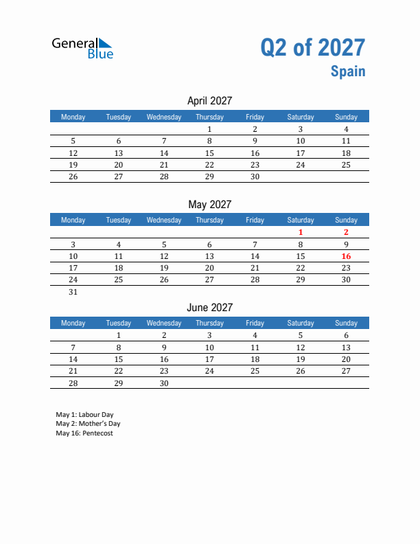 Spain 2027 Quarterly Calendar with Monday Start
