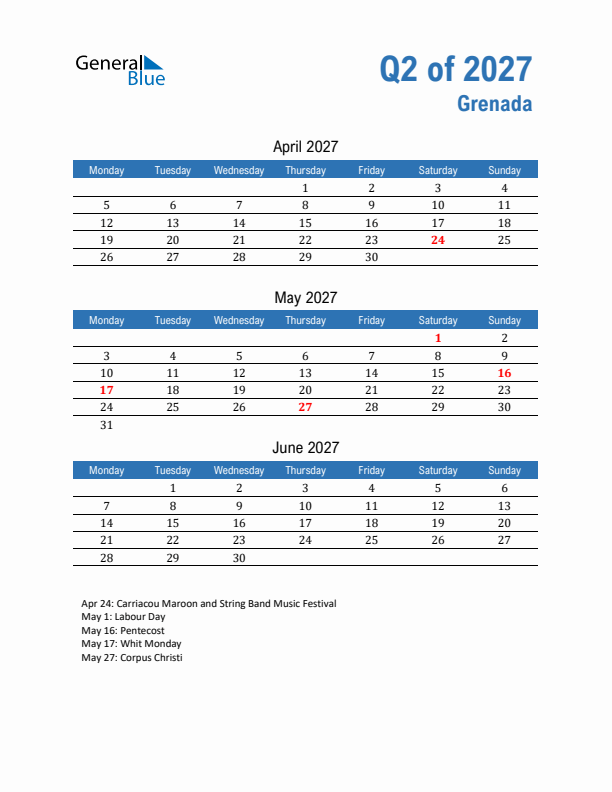 Grenada 2027 Quarterly Calendar with Monday Start