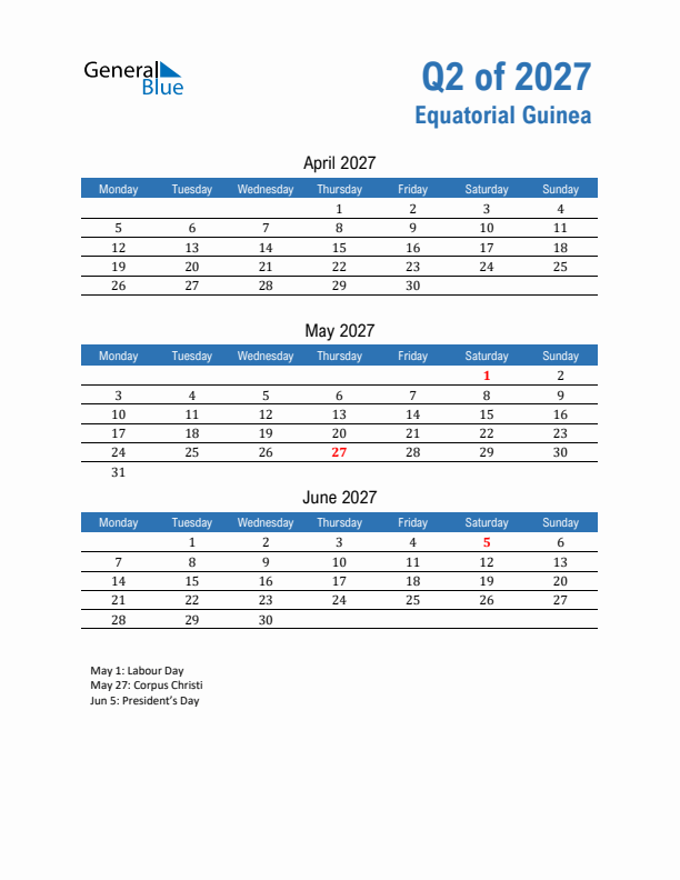 Equatorial Guinea 2027 Quarterly Calendar with Monday Start