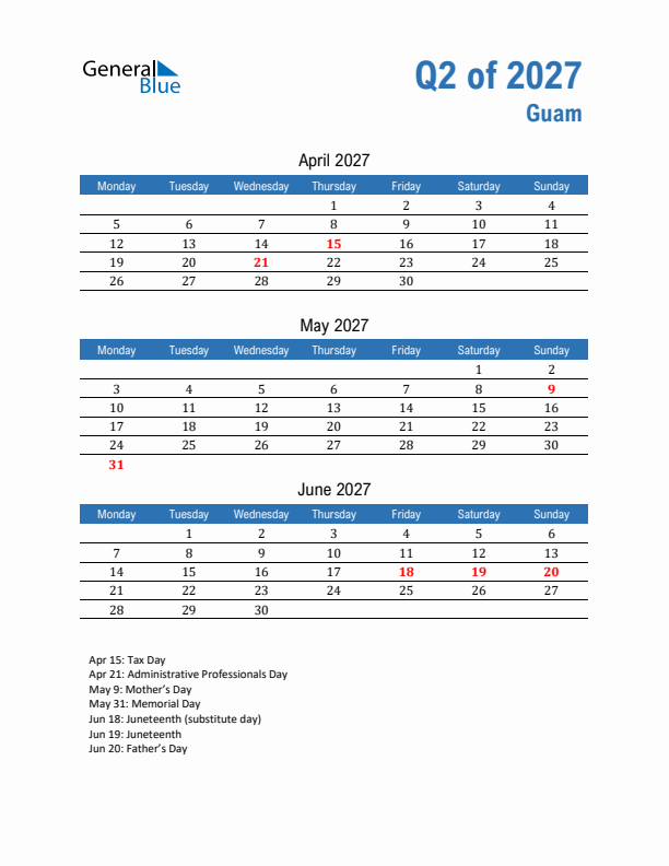 Guam 2027 Quarterly Calendar with Monday Start