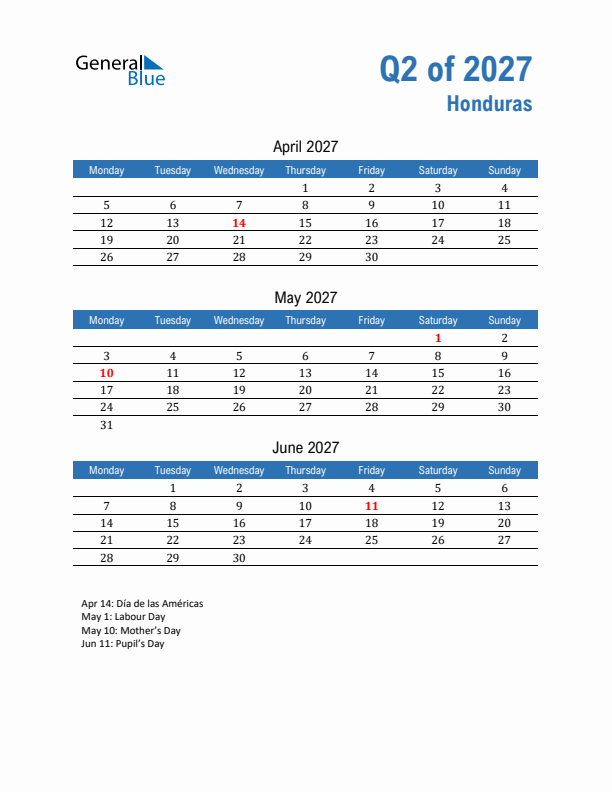 Honduras 2027 Quarterly Calendar with Monday Start
