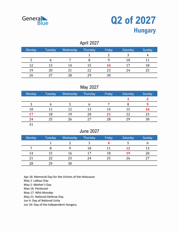 Hungary 2027 Quarterly Calendar with Monday Start
