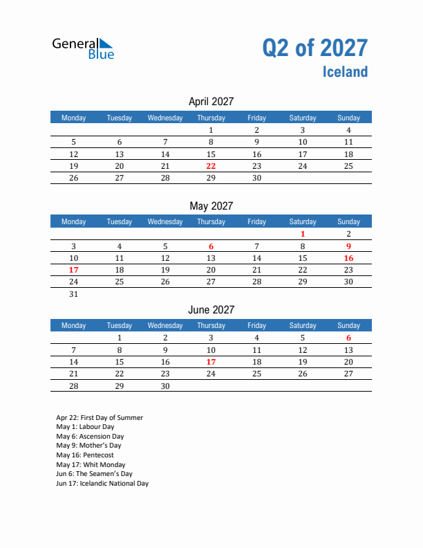 Iceland 2027 Quarterly Calendar with Monday Start