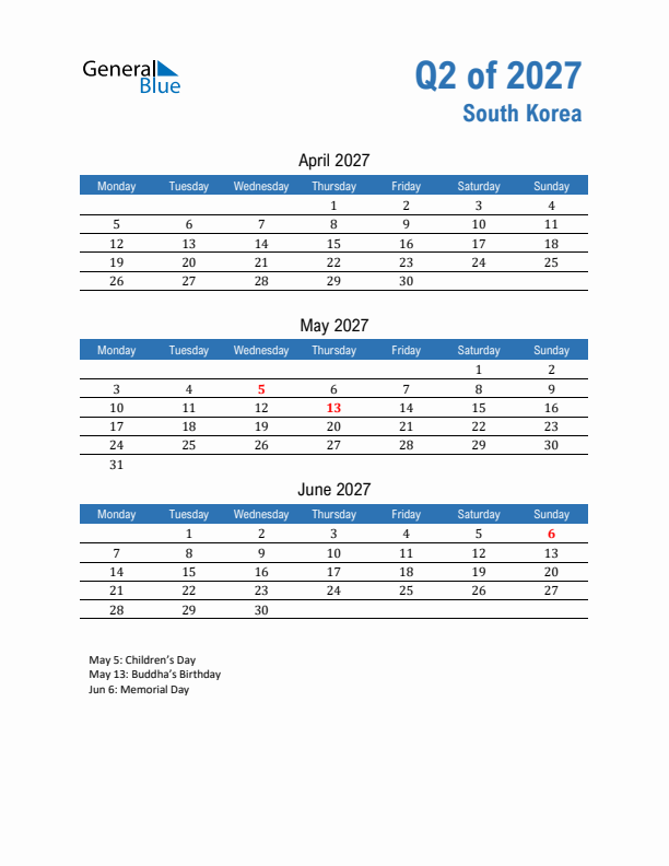 South Korea 2027 Quarterly Calendar with Monday Start