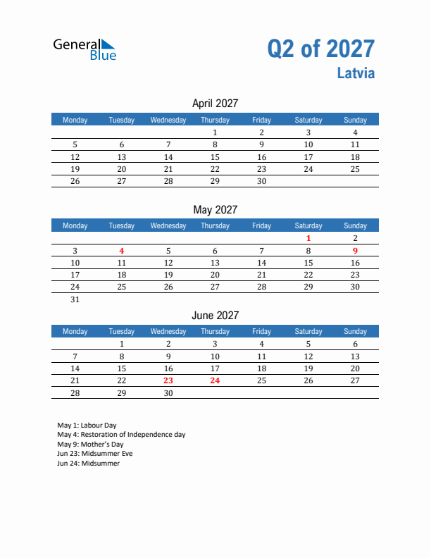 Latvia 2027 Quarterly Calendar with Monday Start