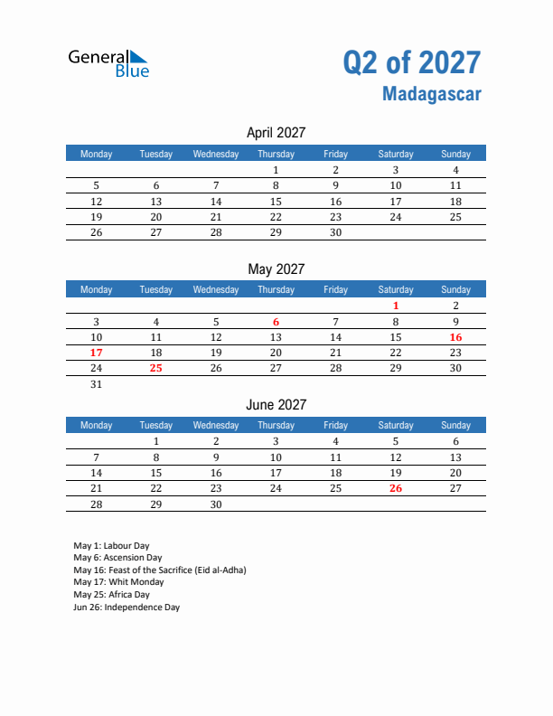 Madagascar 2027 Quarterly Calendar with Monday Start