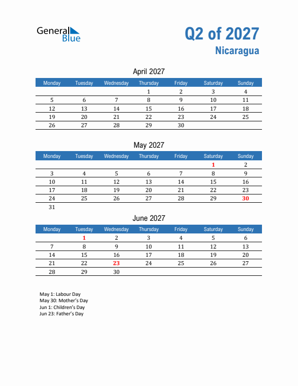 Nicaragua 2027 Quarterly Calendar with Monday Start