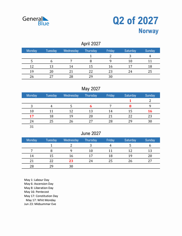 Norway 2027 Quarterly Calendar with Monday Start