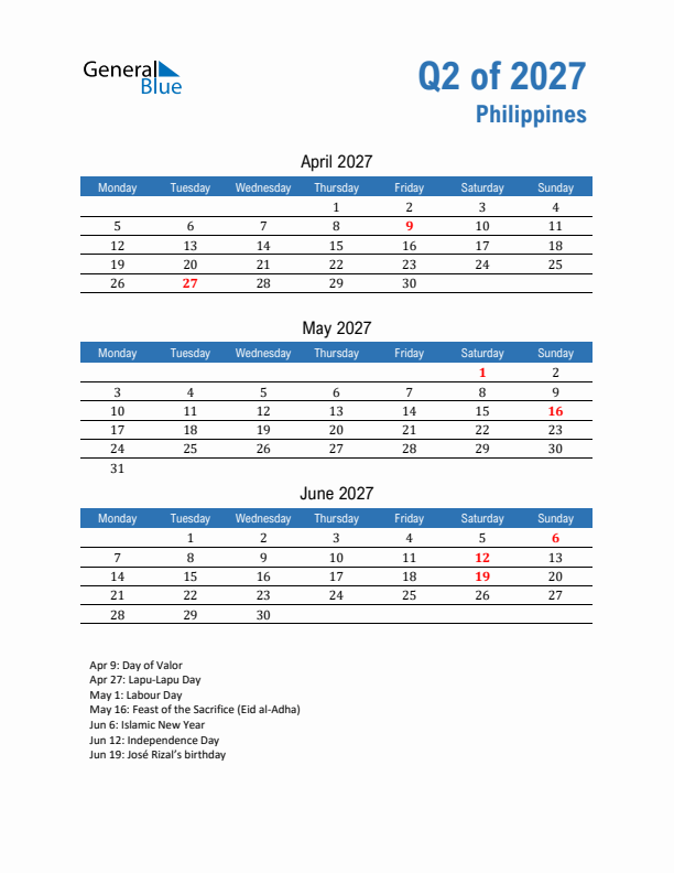 Philippines 2027 Quarterly Calendar with Monday Start