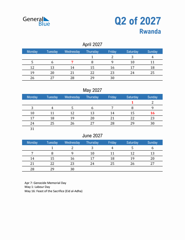Rwanda 2027 Quarterly Calendar with Monday Start