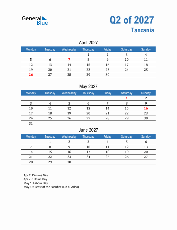Tanzania 2027 Quarterly Calendar with Monday Start