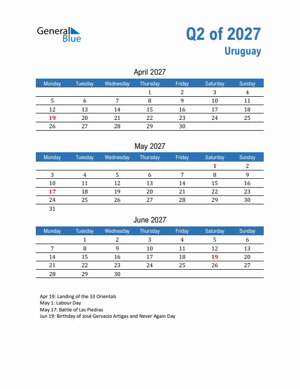 Uruguay 2027 Quarterly Calendar with Monday Start