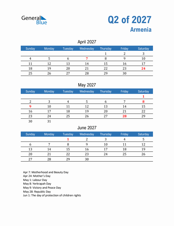 Armenia 2027 Quarterly Calendar with Sunday Start