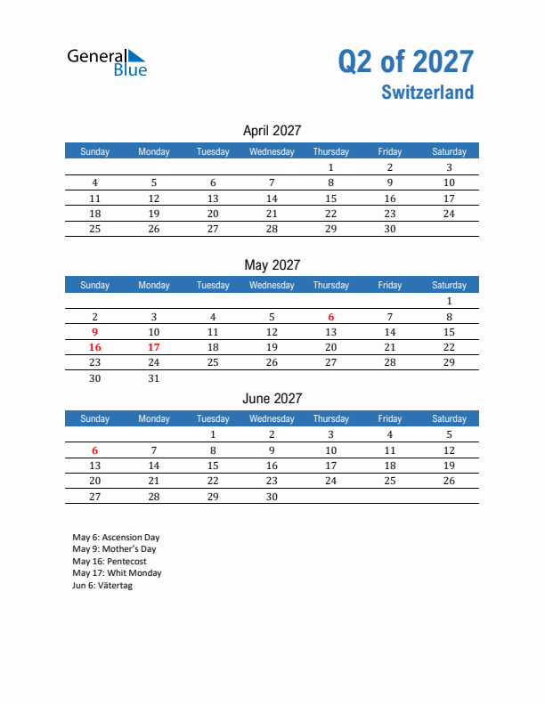 Switzerland 2027 Quarterly Calendar with Sunday Start
