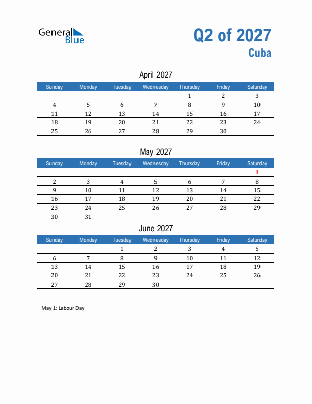Cuba 2027 Quarterly Calendar with Sunday Start