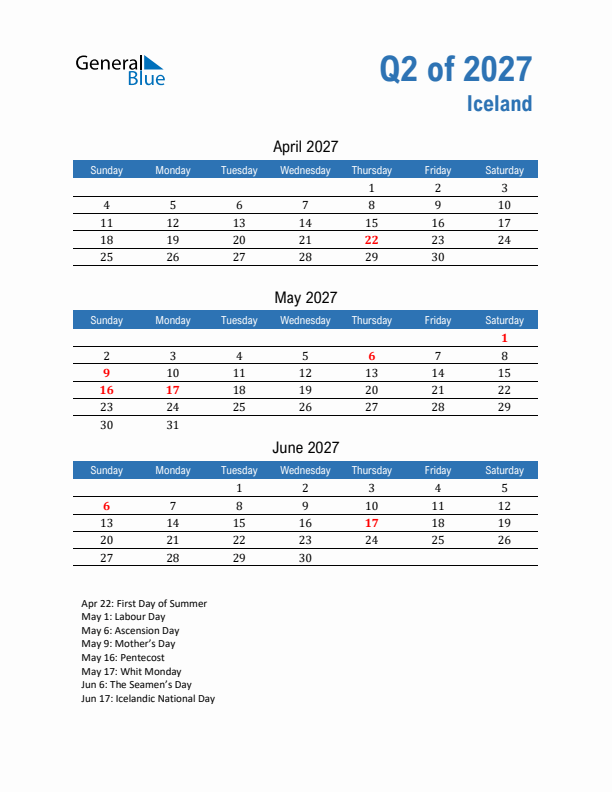 Iceland 2027 Quarterly Calendar with Sunday Start