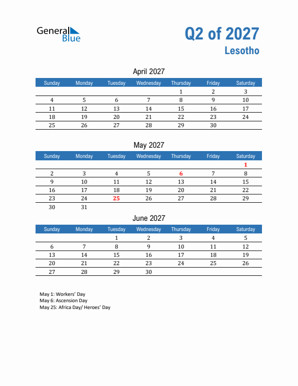Lesotho 2027 Quarterly Calendar with Sunday Start