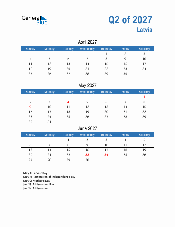 Latvia 2027 Quarterly Calendar with Sunday Start