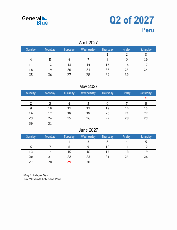 Peru 2027 Quarterly Calendar with Sunday Start