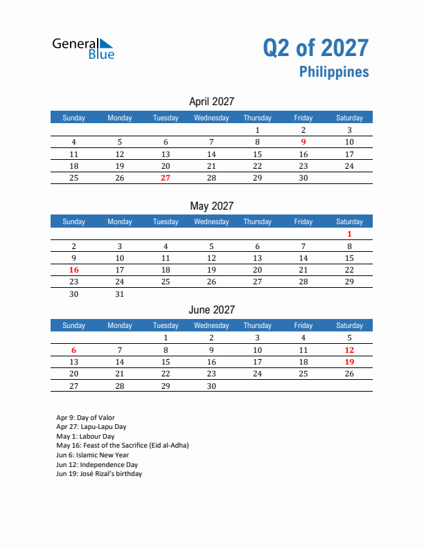 Philippines 2027 Quarterly Calendar with Sunday Start