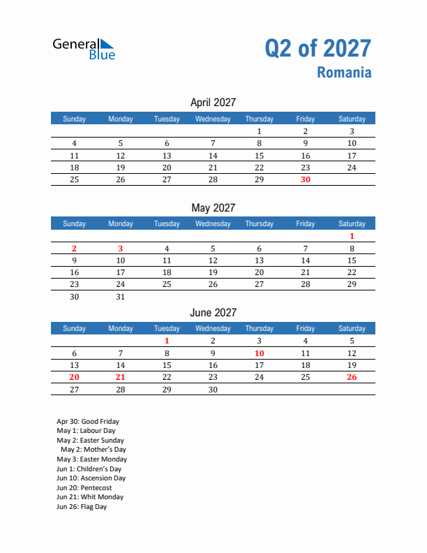 Romania 2027 Quarterly Calendar with Sunday Start