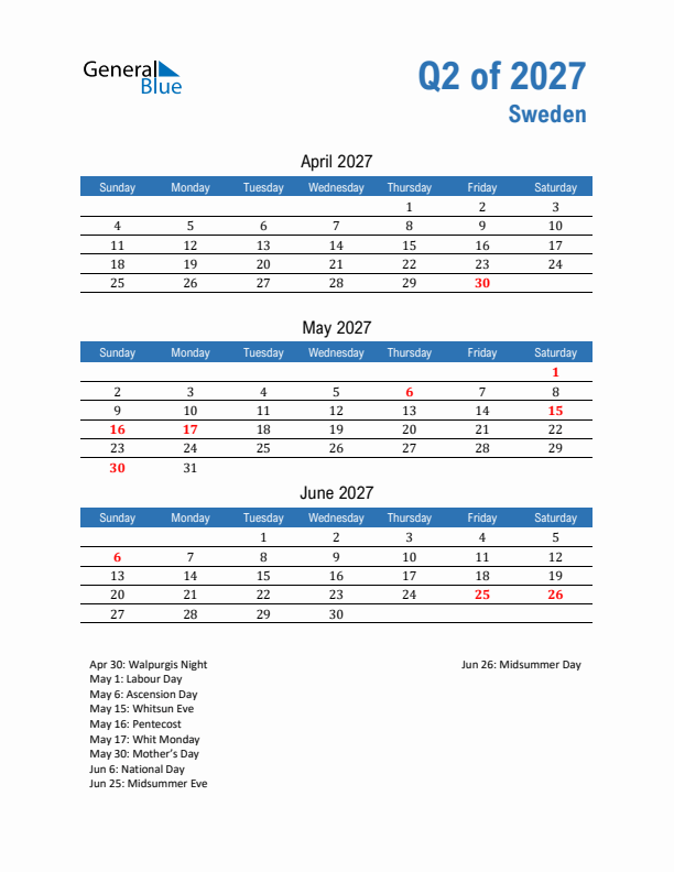 Sweden 2027 Quarterly Calendar with Sunday Start