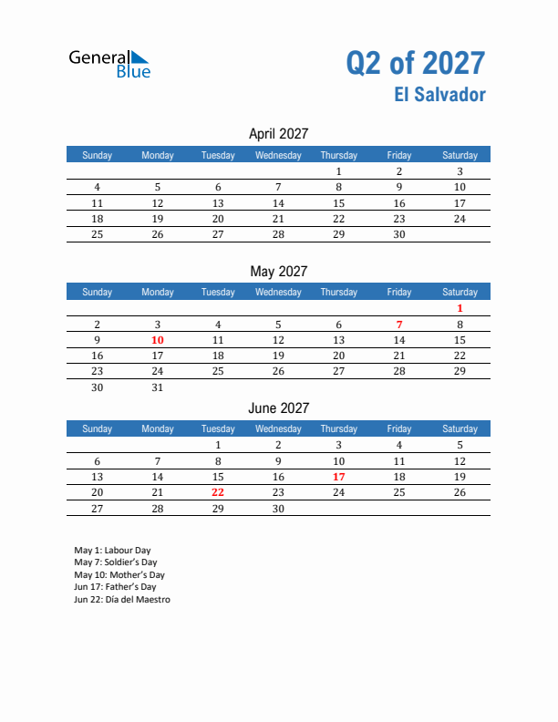El Salvador 2027 Quarterly Calendar with Sunday Start