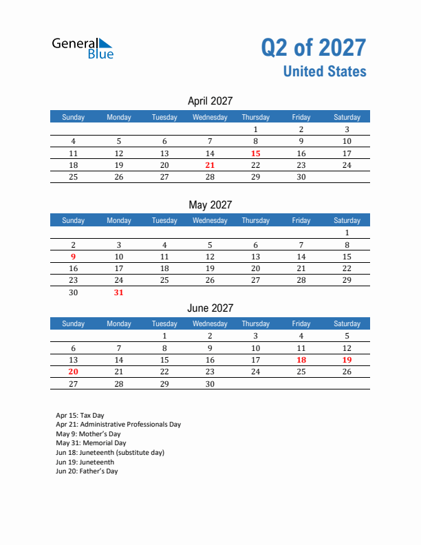 United States 2027 Quarterly Calendar with Sunday Start