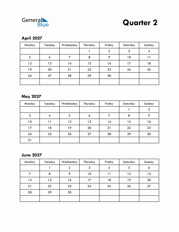 Quarter 2 2027 Calendar - Monday Start