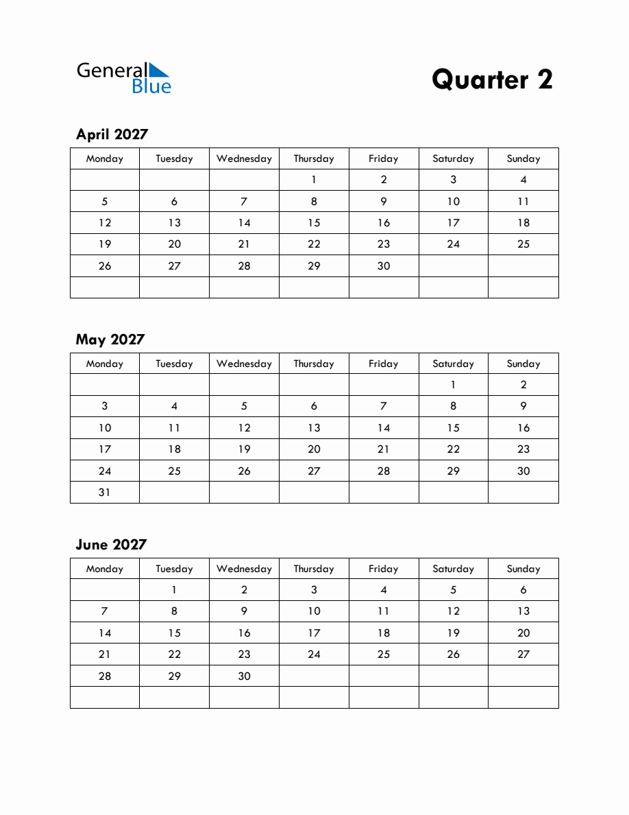 Quarter 2 2027 Calendar with Monday Start