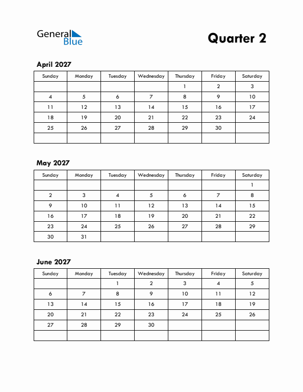 Quarter 2 2027 Calendar - Sunday Start
