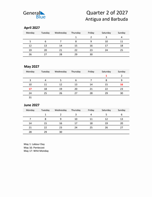 2027 Three-Month Calendar for Antigua and Barbuda
