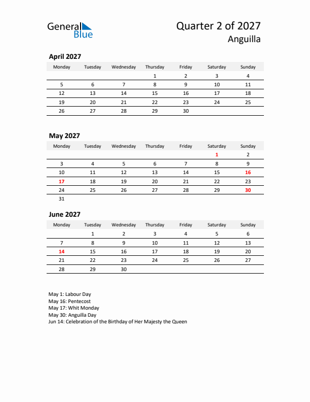 2027 Three-Month Calendar for Anguilla