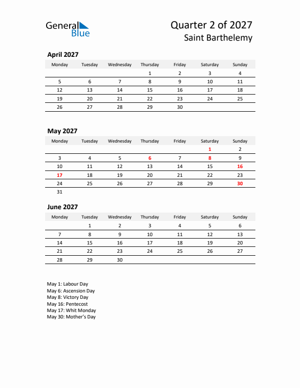 2027 Three-Month Calendar for Saint Barthelemy