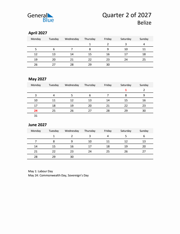 2027 Three-Month Calendar for Belize