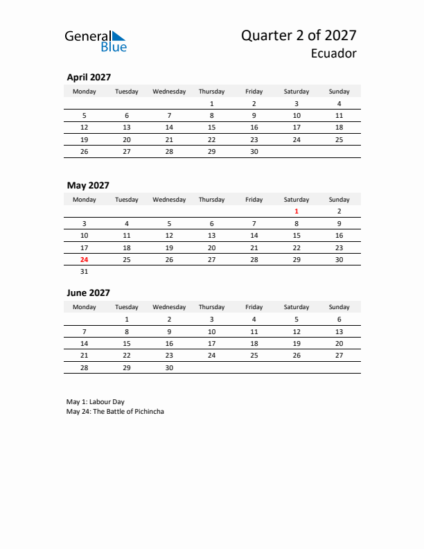 2027 Three-Month Calendar for Ecuador