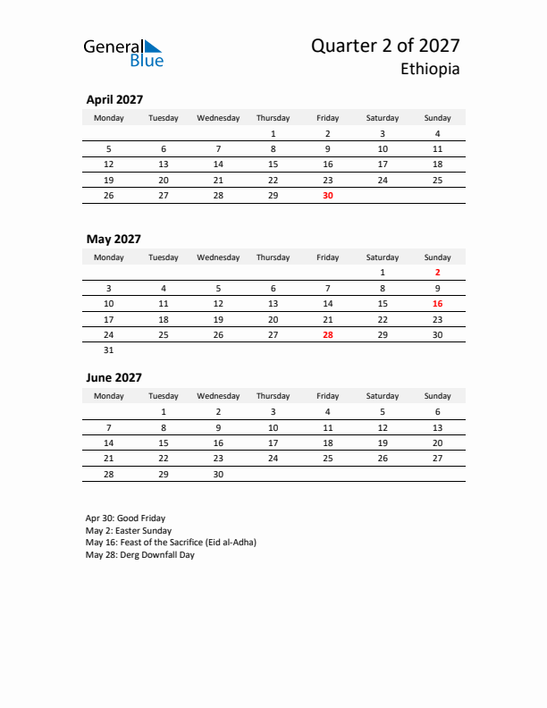 2027 Three-Month Calendar for Ethiopia