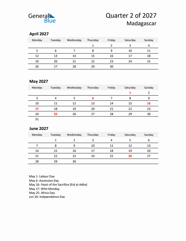 2027 Three-Month Calendar for Madagascar