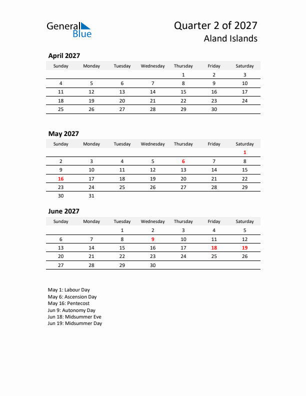 2027 Three-Month Calendar for Aland Islands