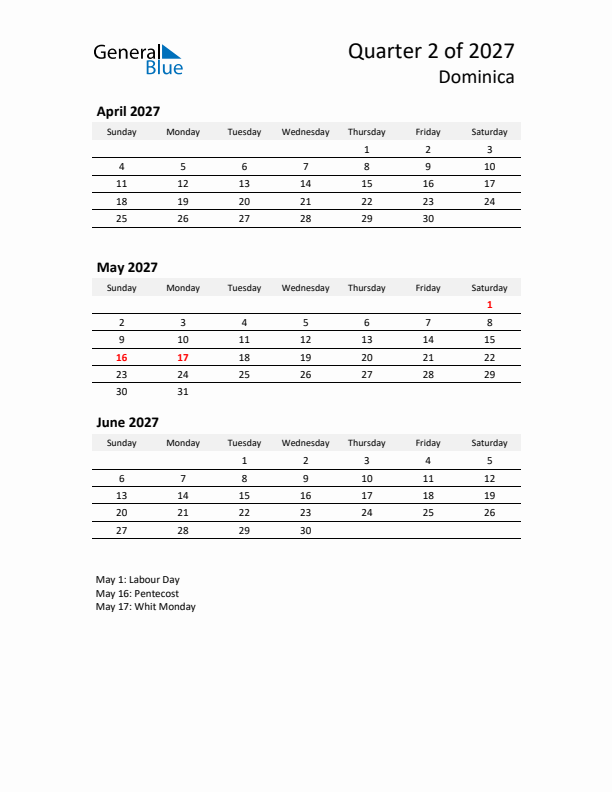 2027 Three-Month Calendar for Dominica