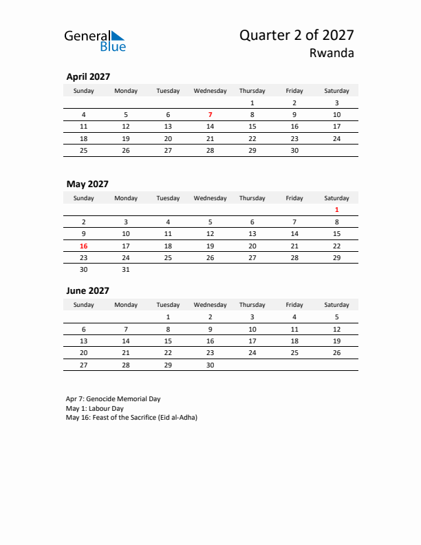 2027 Three-Month Calendar for Rwanda