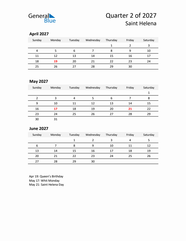 2027 Three-Month Calendar for Saint Helena