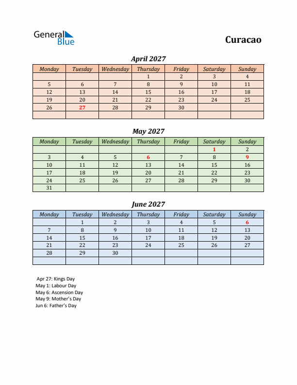 Q2 2027 Holiday Calendar - Curacao