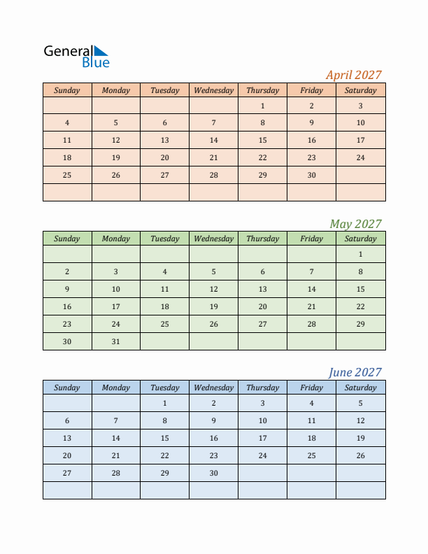 Three-Month Calendar for Year 2027 (April, May, and June)