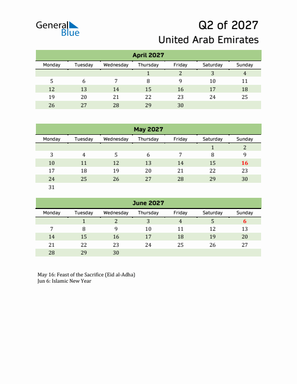 Quarterly Calendar 2027 with United Arab Emirates Holidays