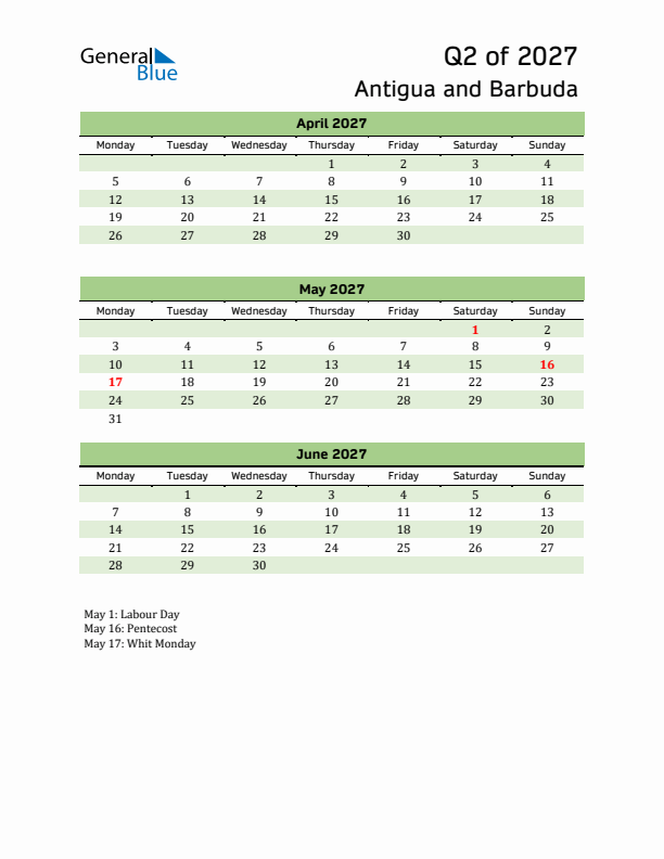 Quarterly Calendar 2027 with Antigua and Barbuda Holidays