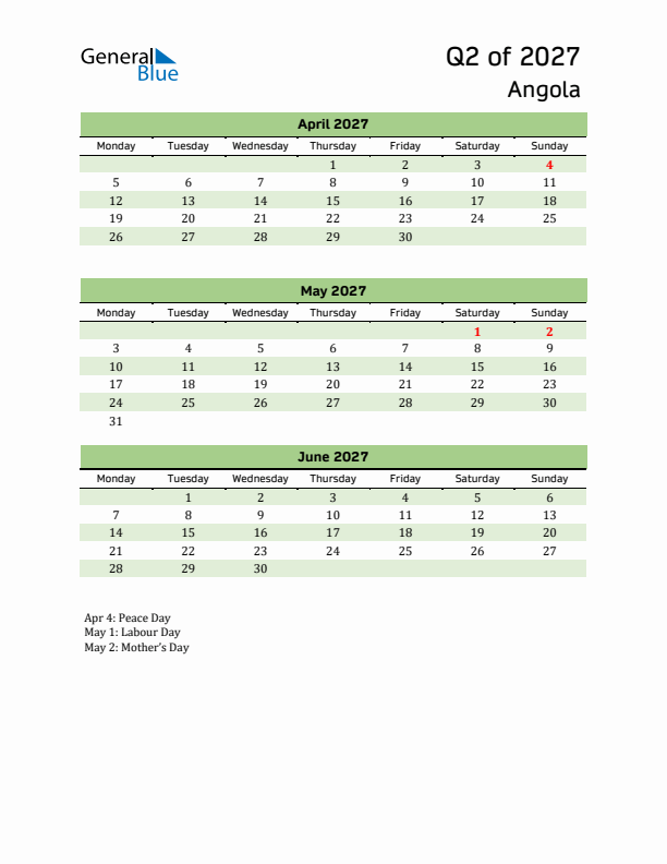 Quarterly Calendar 2027 with Angola Holidays
