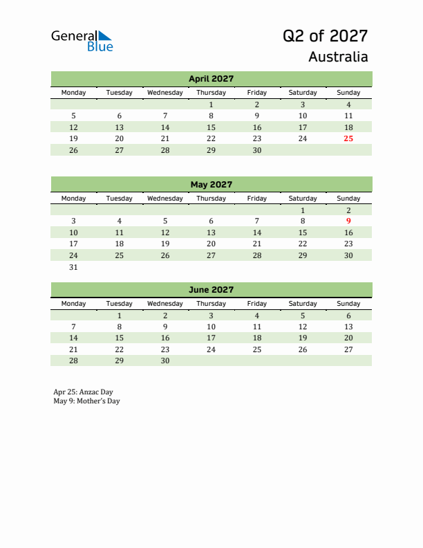 Quarterly Calendar 2027 with Australia Holidays
