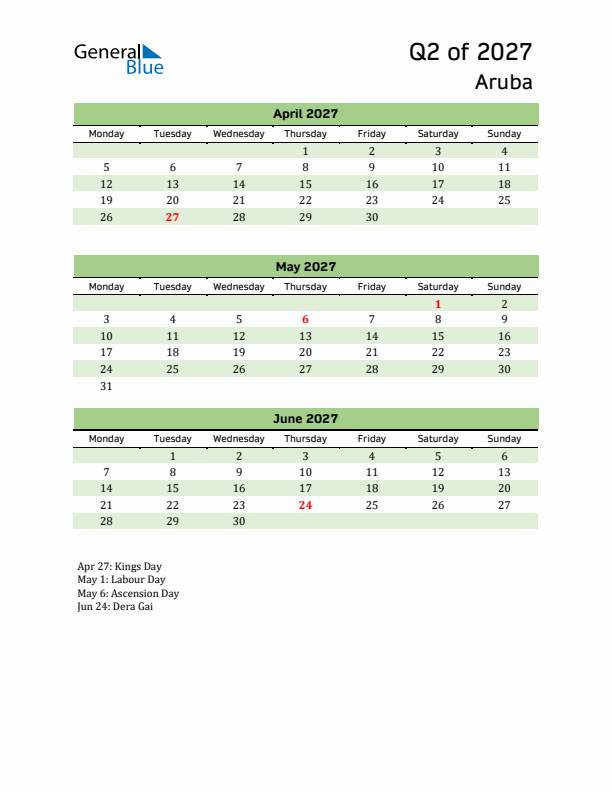 Quarterly Calendar 2027 with Aruba Holidays