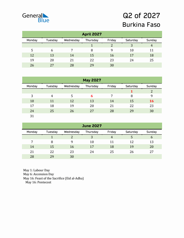 Quarterly Calendar 2027 with Burkina Faso Holidays